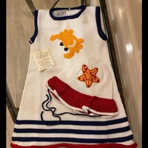 NWT *Zackali 4 Kids* CRAB & STARFISH Dress w/Hat Hand-Knitted 100% Cotton: 24M